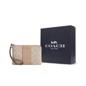 COACH Corner Zip 16 Logo Wristlet and Clutch in Taupe with Synthetic and Leather Blend