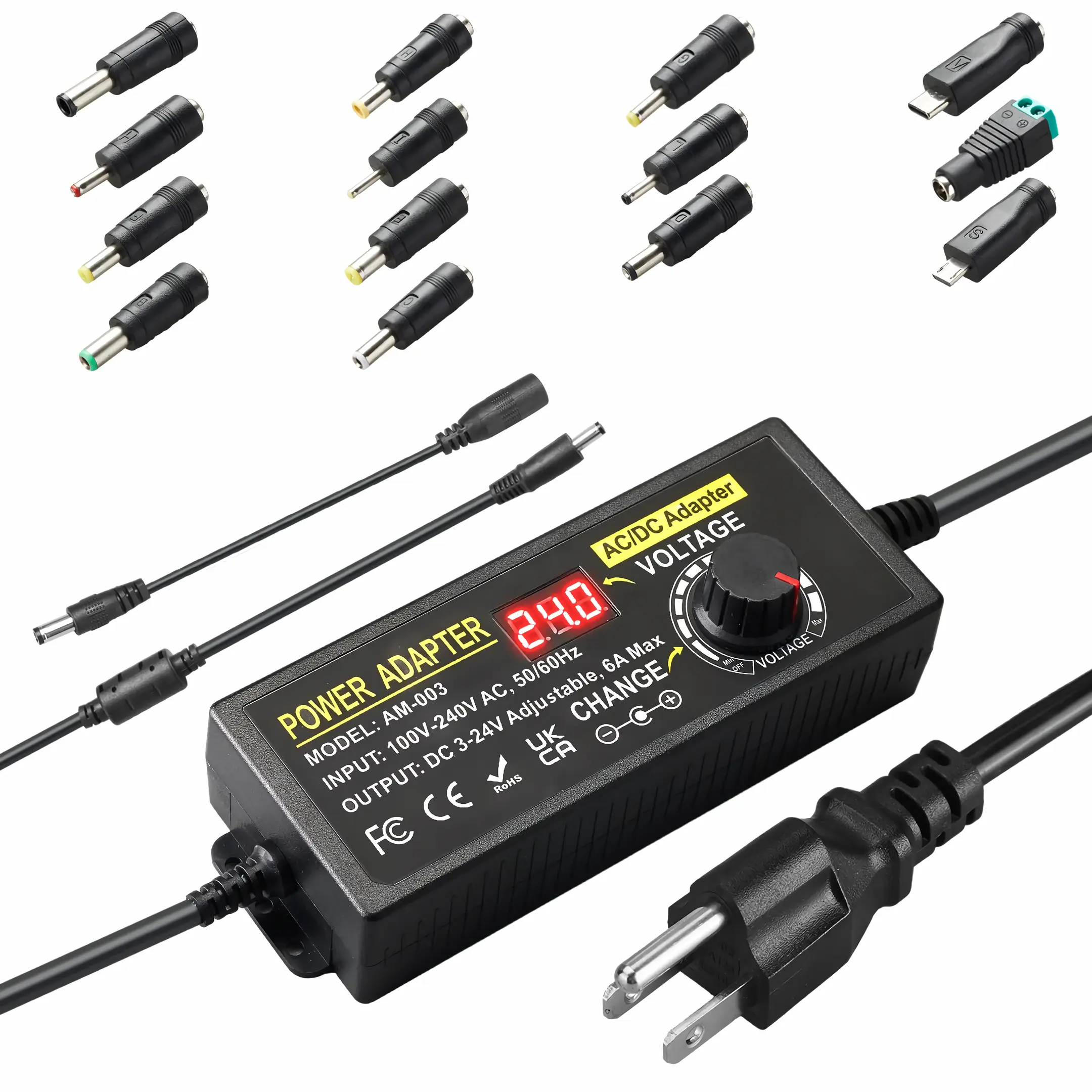 LIZVOR Universal US Plug AC-DC Volt Adapter, Adjustable 3.5-24V/2A Power Supply with Digital Display, Reverse Polarity Wiring, 14 Connectors for Automotive & Motorcycle Car Electronics USB Charging