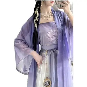 Chinese Hanfu Women Traditional Cosplay Costume Ancient Song Dynasty 2025 Summer Purple Print Hanfu 3pcs Suit