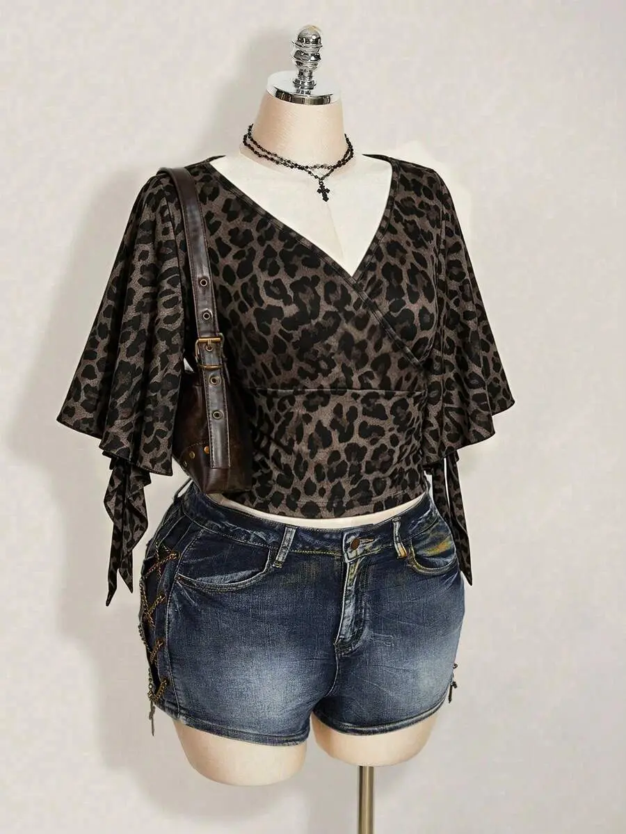 Plus Size Women Leopard Print Ruffle Sleeve Fashion T-Shirt Date Night Black Summer
