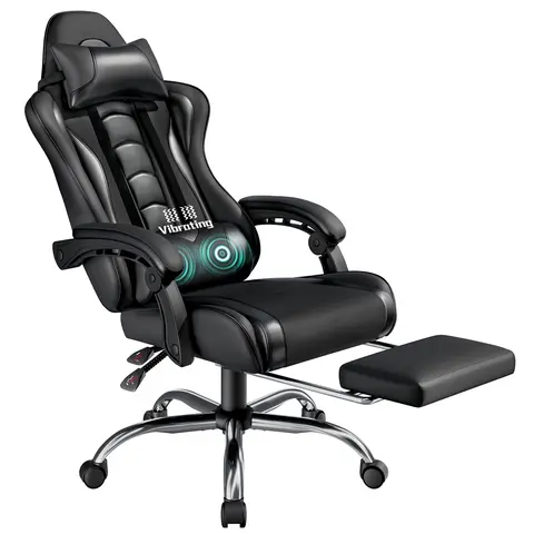 Costoffs Ergonomic PU Leather Gaming Chair - Adjustable Height, Massage Lumbar USB Massager, Retractable Footrest, Headrest, 28.3" Stable Base, Racing Look, Reclining Swivel Rolling Office Furniture Chair with Cable Pocket Stash for Tall Gamers