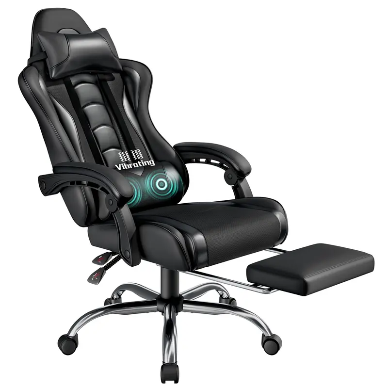 Costoffs Ergonomic PU Leather Gaming Chair - Adjustable Height, Massage Lumbar USB Massager, Retractable Footrest, Headrest, 28.3" Stable Base, Racing Look, Reclining Swivel Rolling Office Furniture Chair with Cable Pocket Stash for Tall Gamers