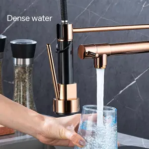 Kitchen faucet with pull-down spray, single handle double outlet commercial kitchen sink faucet, solid copper body, compatible with deck 1 or 3 holes