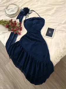 Elegant French Vintage Chic 3D Floral Off-Shoulder Asymmetrical Hem Dress, Slim Fit Formal Women's Party Gown for Evening & Dance Events Womenswear