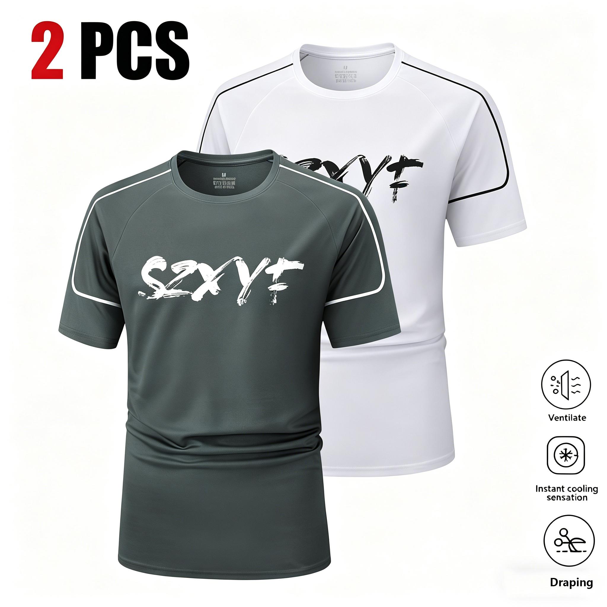 Multi-pack men’s solid-color crew-neck compression athletic T-shirts; quick-drying, breathable short-sleeve T-shirts suitable for running and fitness training; casual sports tops ideal for all seasons; sportswear featuring letter print design; loose, brea