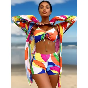 2026 popular rainbow geometric print three-piece swimsuit set, colorful swimwear, lace-up front cropped top, high-waisted shorts, and matching long-sleeve sun protection cover-up, a must-have for beach vacations and the top choice for pool parties