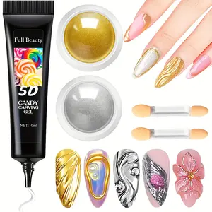 3D Nail Gel and Chrome Nail Powder Kit, 3 in 1 No Wipe Clear 3D Sculpting Gel for Nail Art Carving Molding Rhinestone Glue, Gold Silver Metallic Mirror Nail Chrome Powder Glitter for Manicure