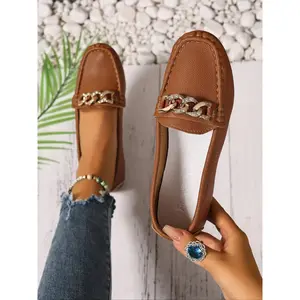 Women's Casual Loafers, All-Season Slip-On Shoes, Comfortable Walking Flats, Metal Buckle Decor, Ideal for Work & Daily Wear, PU Leather Loafers