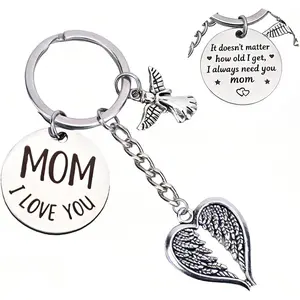 Mom Keychain with Angel Wings & Letter Charm - Engraved It Doesn't Matter How Old I Get, I Always Need You Mom