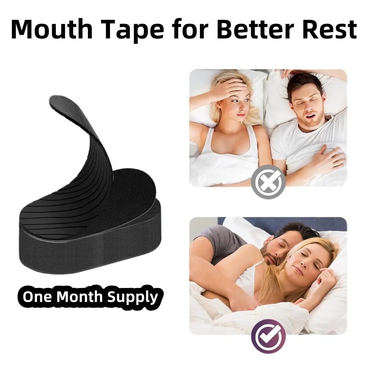 Mouth Tape (30 Pack) Black Soft Grade Fabric, Strong Hypoallergenic Adhesive, One Month Supply, Aid Tape, Healthcare Kit