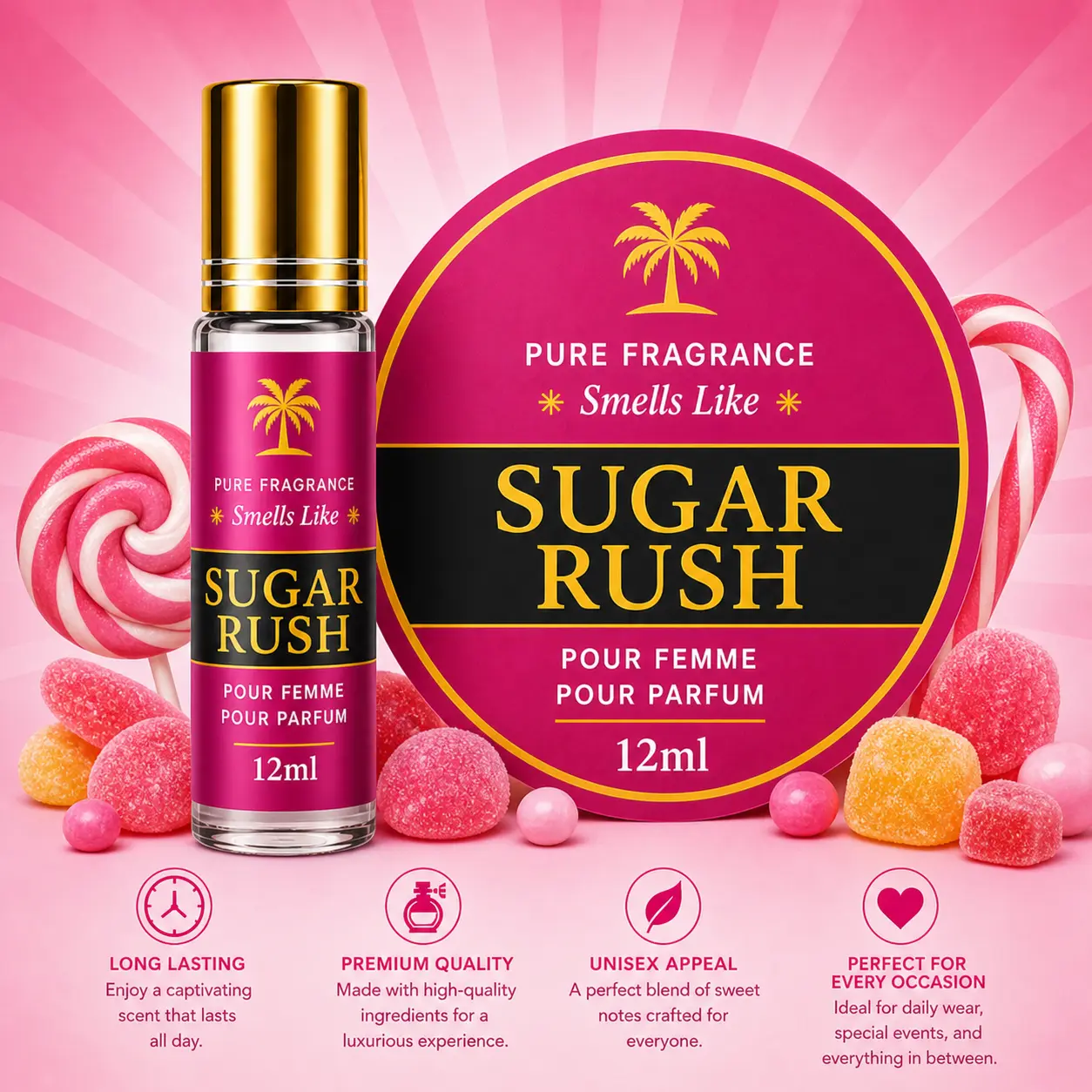 PERFUMEPARADISE Sugar Rush Roll-On Scent Oil – 12ml Alcohol-Free Long-Lasting Oil-Based Fragrance | Travel-Friendly Roller Bottle
