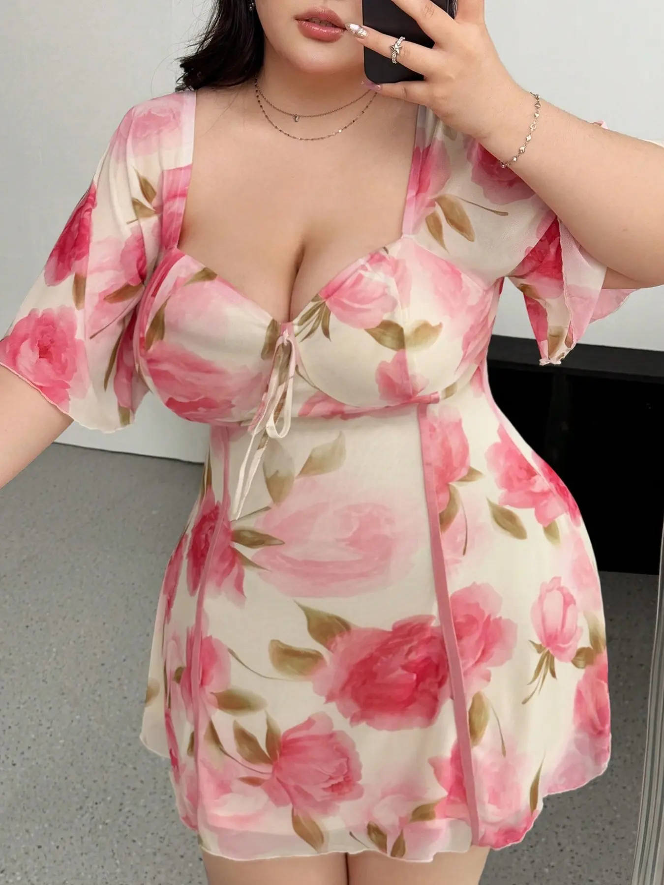 Plus Size Women's Romantic Boho Floral Bohemian Print Dress, Ruffled Sleeve, Perfect for Pear Shape and Plus Size, Elegant and Comfortable, Summer
