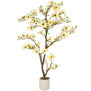 6FT Lighted Artificial Magnolia Tree - Fake Indoor Plants with Realistic Leaves, Flowers, Decorative Fruit Ornaments, Home Decoration for Living Room, Office