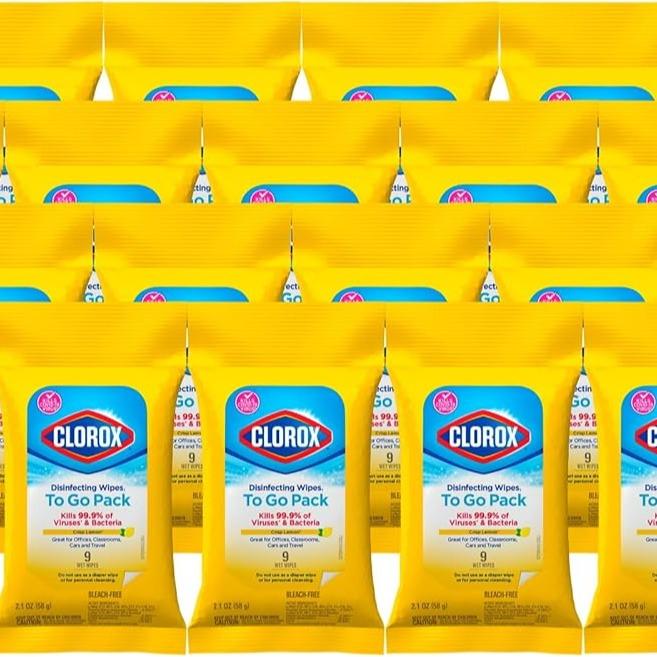 Clorox Disinfecting Wipes On The Go, Bleach Free Travel Wipes, Household Essentials, 9 Ct, Pack of 24