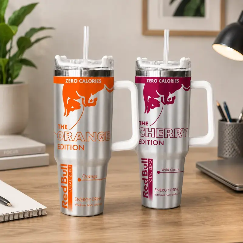 V3 Red Bull Pink, Blue & White Edition 40oz Stainless Steel Tumbler With Handle and Straw | Stainless Steel Travel Cup | Gift for Energy Drink Fans