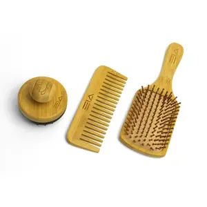 Baraguz EIA Bamboo Scalp Massager Paddle Brush & Wide Tooth Comb Set Eco-Friendly Travel-Friendly Hair Grooming Kit