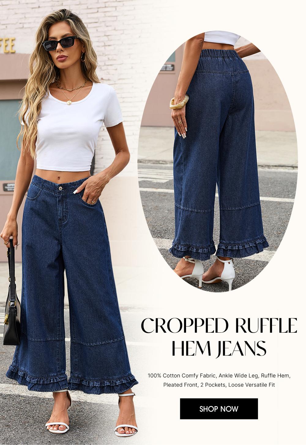 EVALESS Womens Oversize Wide Leg Jeans 2026 Trendy Cotton 100% Mid-Rise Cropped Baggy Jeans Loose Fit Cute Ruffle Hem Trouser Denim Pants 2026 Trendy Womenswear