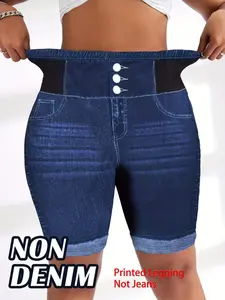 Printed Legging Not Denim Fabric, Women's Summer Chic Fashion Fit Printed Shorts with Faux Denim Pocket Detail, Casual Activewear