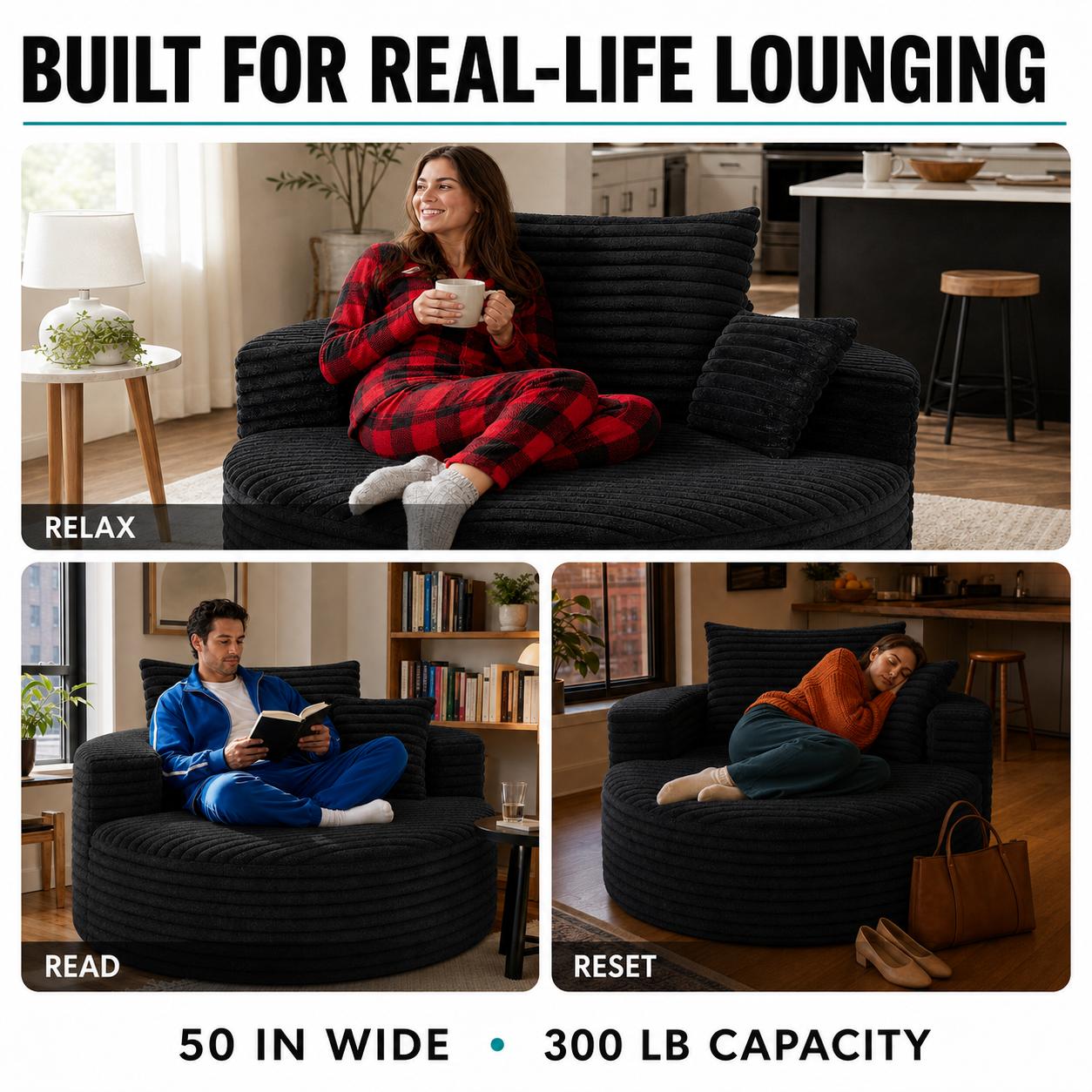 50in Round Lounge Chair Sofa, No-Assembly Compressed Cloud Floor Couch with Deep Seat, Soft corduroy, Backrest & Throw Pillows for Adults, Bedroom and Apartment 50in Round Lounge Chair Sofa, No-Assembly Compressed Cloud Floor Couch with Deep Seat, Soft corduroy, Backrest & Throw Pillows for Adults, Bedroom and Apartment