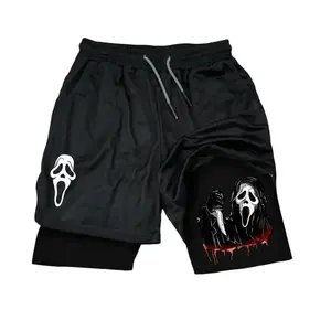 Men’s Halloween "Scream" Ghost Face Graphic Double-Layer Jorts, Breathable Sports Shorts,  Graphic 2-in-1 shorts,gym shorts,Fitness Training Gym Athletic Shorts, running shorts,Comfortable Above-the-Knee Bottoms for Summer Workouts