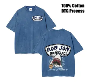 Unisex Ron Jon Surfboards Shark Graphic Washed Tee DTG Process Unisex Loose-Fitting T-shirt, Pure Cotton Casual top, Smooth Fabric, Minimalist Style, Street Style, Classic T-shirt, Makes a Great Gift.