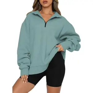 Women Half Zip Oversized Sweatshirts Long Sleeve Solid Color Drop Shoulder Fleece Workout Pullover S-2XL