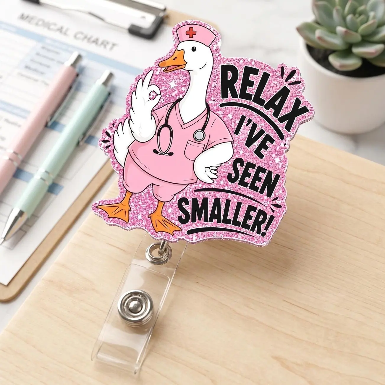 Funny Nurse Badge Reel, Goose Acrylic Badge Holder, Cute Medical Id Clip, Nurse Coworker Birthday Gift, Pink Healthcare Office Gift