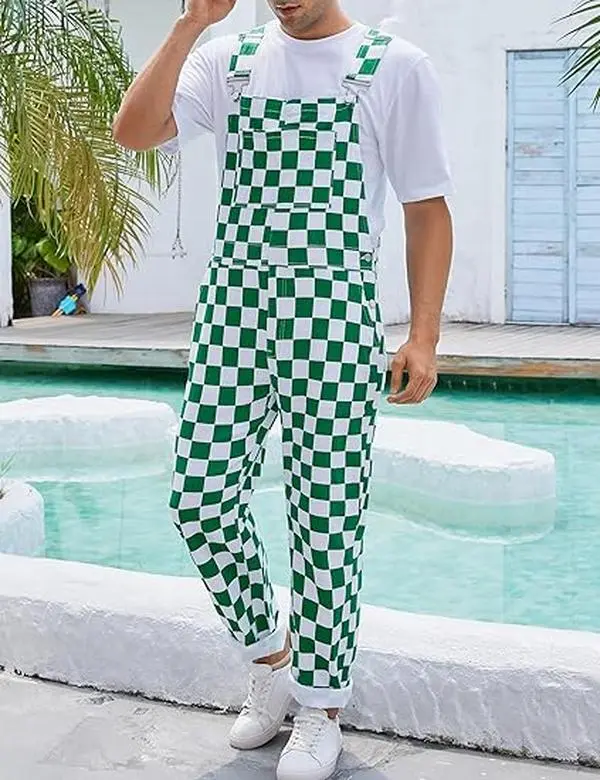 Men's Stretch Denim Overalls, St. Patrick's Day Coveralls, Green Checkered Bibs Workwear, Stylish Menswear with Zipper Closure