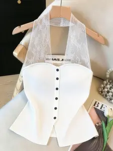 Plus Size Women's Lace Halter Top, Shirt-Style A-Line Cut, Button Front, Perfect for Daily Wear, Graduation, and Parties