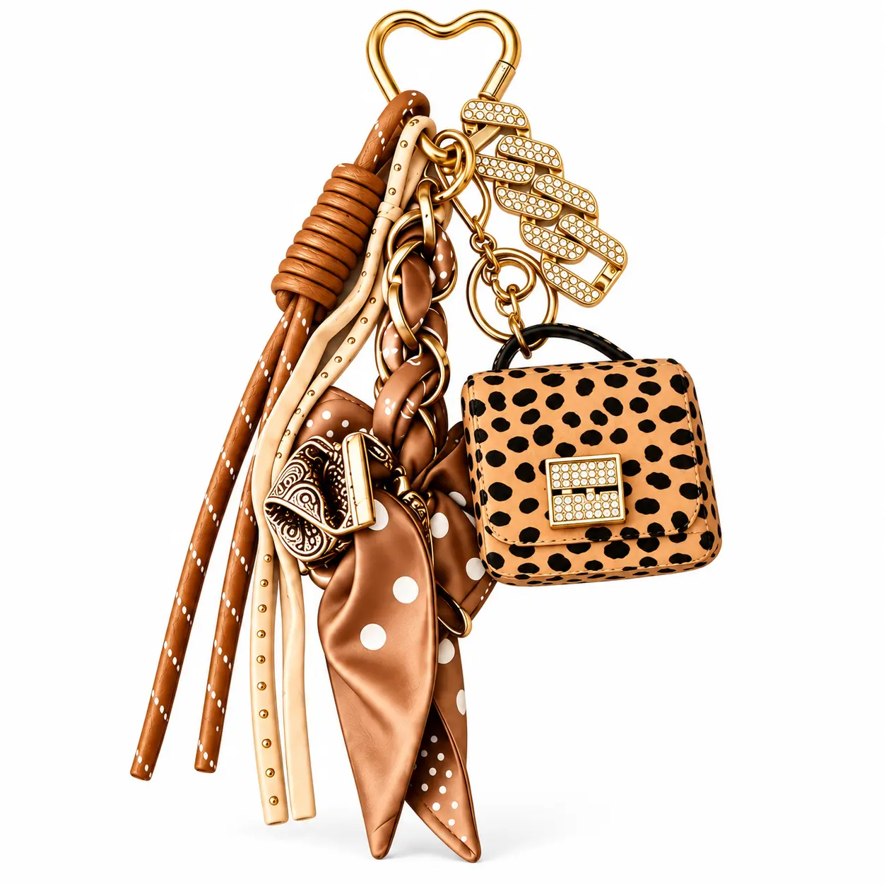 Leopard Print Keychain Mini Bag Charm with Silk Scarf Tassel, Heart Clasp – Bag Charms for Purse
