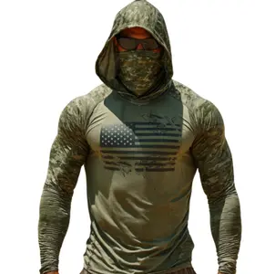 Men's Army Green Hooded Hoodie/Jumper - All-Season Outdoor Elastane Top, 1-Piece Design, Camouflage Flag Print Mask, Quick-Drying Breathable Long-Sleeve Normal Type, Machine Washable for Mountaineering, Fishing Casual Athletic Wear