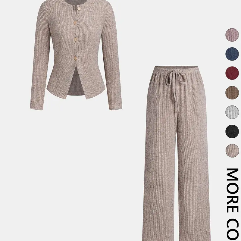 Women's 2 Piece Outfit, Button Front Long Sleeve Top & Drawstring Wide Leg Pants, Casual Loungewear Set for Daily Wear