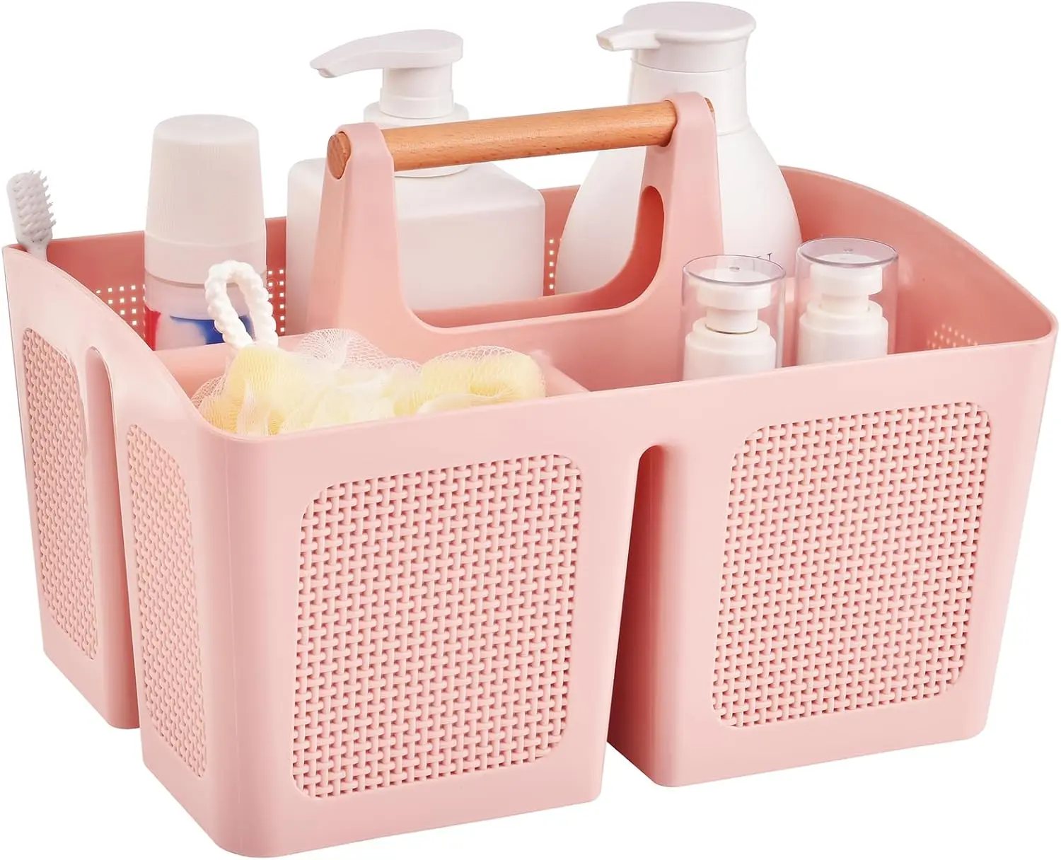 Portable Shower  Basket with Compartments, Plastic Divided Cleaning  Organizer Storage Tote with Handle for Bathroom, College, Dorm Room Essentials, Pink