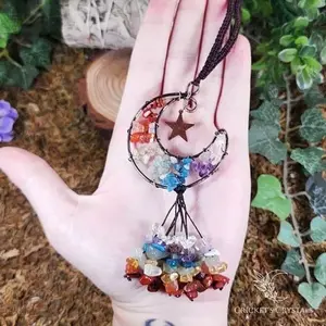 Handmade 7 Chakra Crystal Moon Décor with Red Jasper, Orange Aventurine, Citrine, Turquoise Howlite, Amethyst and Clear Quartz