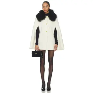 Susanna Chow Serina Cashmere Shearling Cape Coat in Cream & Black Trim