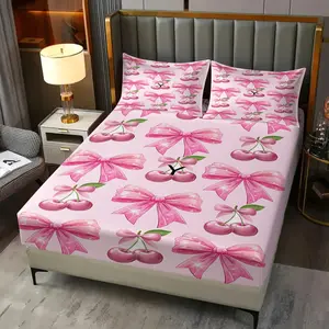 3Pcs Sweet Pink Bow and Cherry Pattern Fitted Sheet Set, Aesthetic Digital Print Bedding Set, Soft Breathable Fabric, Machine Washable Bedroom Decor, Romantic Girly Style, Easy-Care. Includes 2 Pillowcases, No Pillow Core.