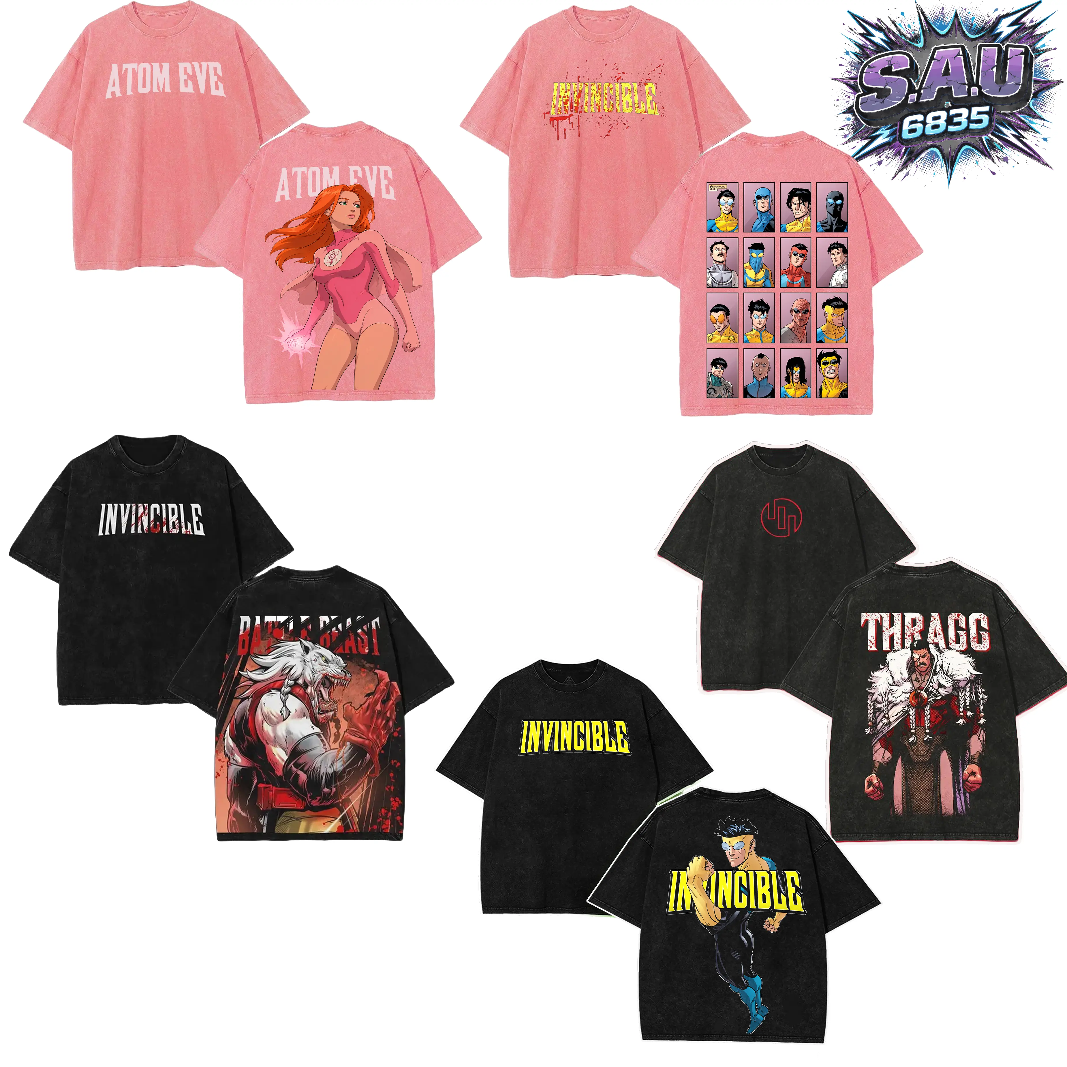 [COLLECTION 2] Invincible Comic Vintage Graphic Tee Mark Grayson, Atom Eve, Battle Beast, Thragg | Heavyweight Acid Wash Boxy Fit Premium Cotton T-Shirt, Unisex Streetwear Distressed Washed Tee