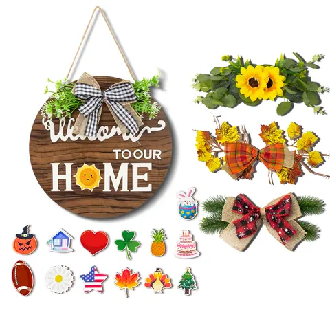 All-Season Front Door Decoration, Wooden Welcome Sign 12x12 Inch Round Hanging Wreath for Porch, Entryway, and Home Wall Decor, Halloween Christmas Decor
