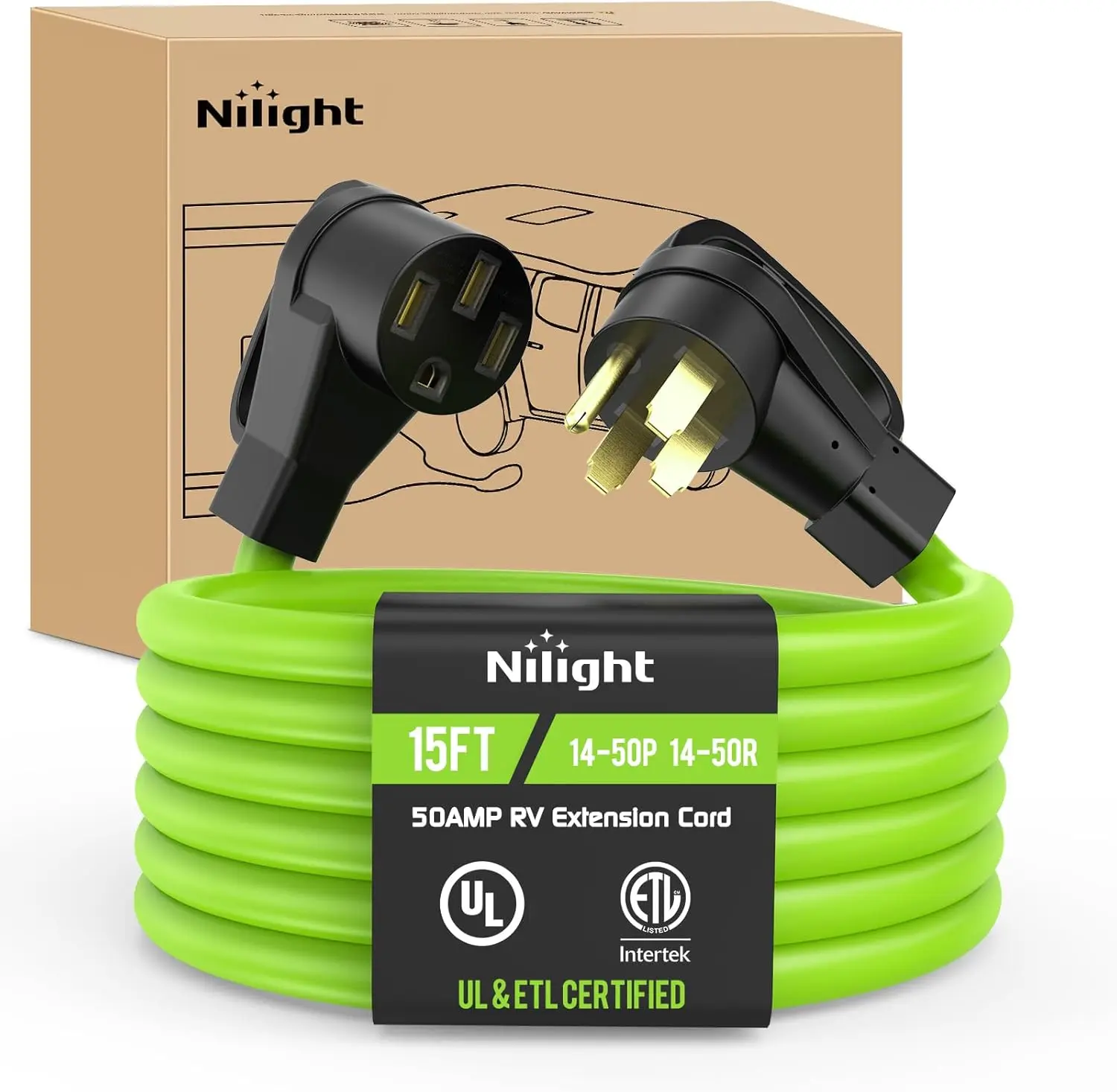 Nilight 15FT 50 Amp RV Extension Cord 250V Heavy Duty 6/3+8/1 Gauge Pure Copper STW Wire UL ETL Listed 4 Prong 14-50P 14-50R Weatherproof Suit for EV Trailer Campers Bright Green