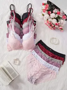 Women's Lace Underwire Bra Set, Bralette, Knitted, Comfortable Breathable Soft Lining, Buckle, Elegant Chic Design, Perfect for Daily Wear, Fitted Style