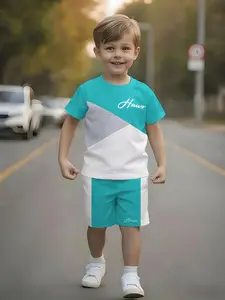 Color block letter kids boys suit, stylish diagonal patch loose breathable casual toddler two-piece Outfit Casual Set Shorts