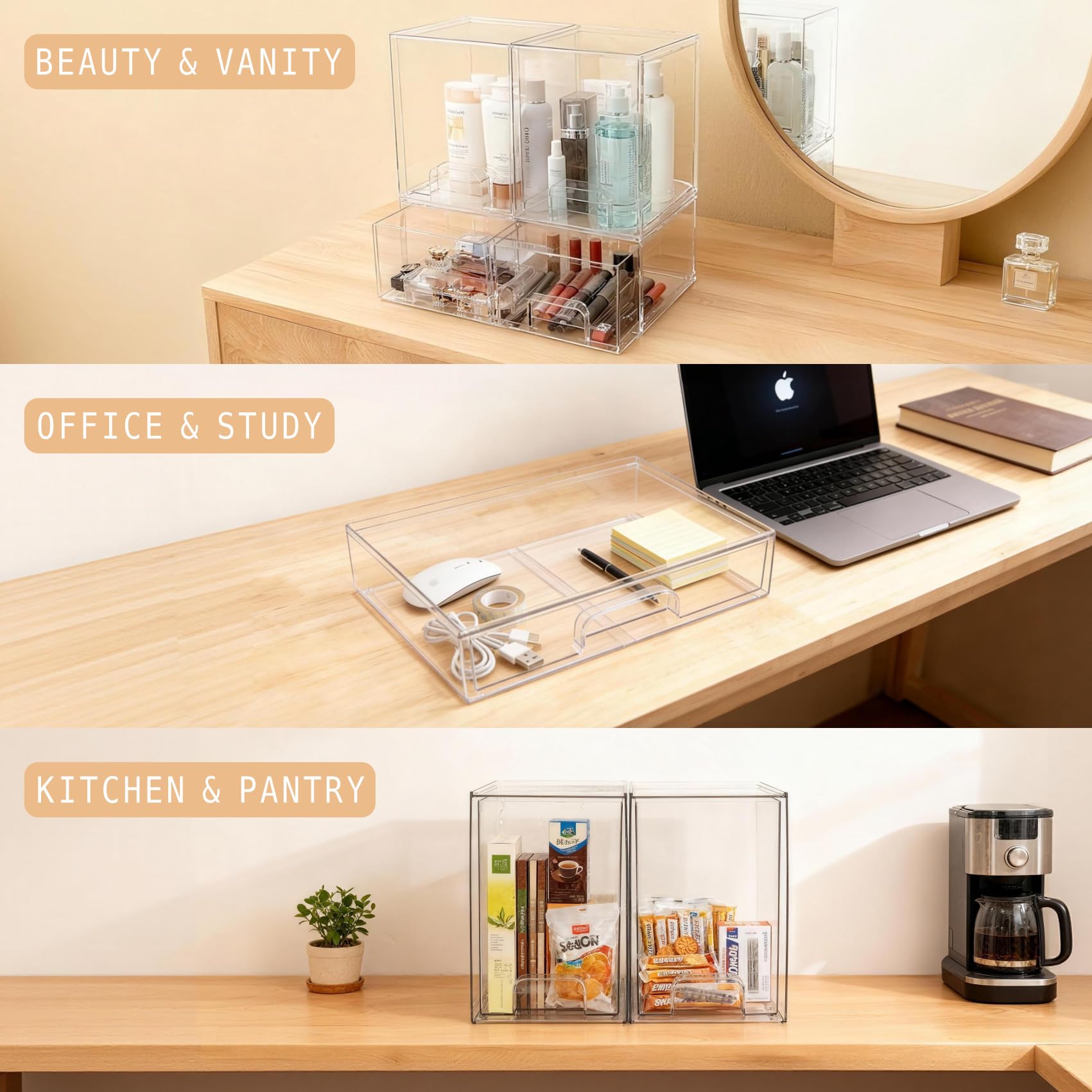 Stackable Storage Drawers Set of 5, Clear Plastic Organizer Bins for Baby Bottle, Beauty Supplies Storage, Ideal for Kichen Countertop, Vanity, Bathroom, Cabinet, Pantry Organization