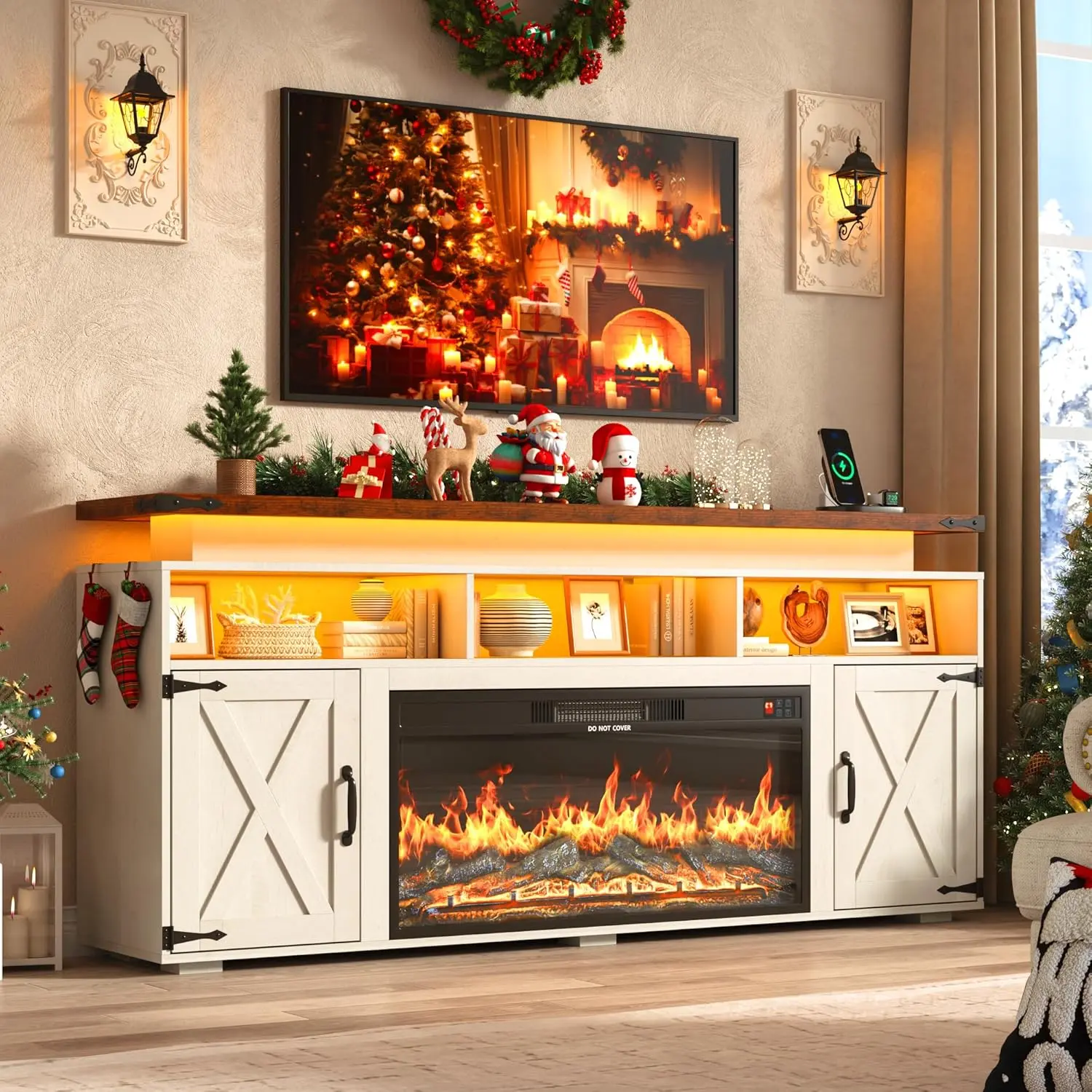 70.8" TV Stand + 36" Fireplace (White)