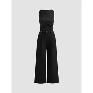 Cider [size 2-10] Woven Boat Neck Solid Ruched Jumpsuit With Belt SummerWins Dealsforyou