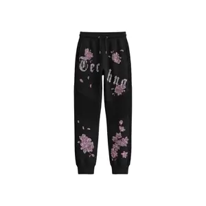 TCH - B Y2K Techno Rhinestone Baggy Joggers | Sparkly Pink Floral Graphic Sweatpants Streetwear Aesthetic 2026