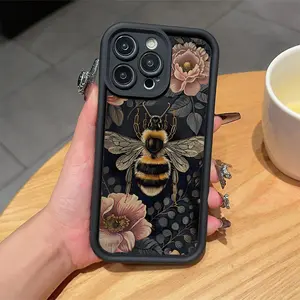 2026 New Black Floral Bee TPU Case for iPhone 6 7 8 X Xs Xr Xs Max 11 12 13 14 15 16 Pro Max Anti-Fall Full Coverage Precision Protective Cover