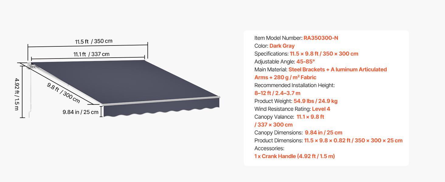 VEVOR Manual Retractable Awning, 11.5' x 9.8' Outdoor Patio Awning Retractable Sun Shade, Patio Door Window Water-Resistant Polyester Sunshade Shelter with Crank Handle for Deck, Balcony, Yard, Gray