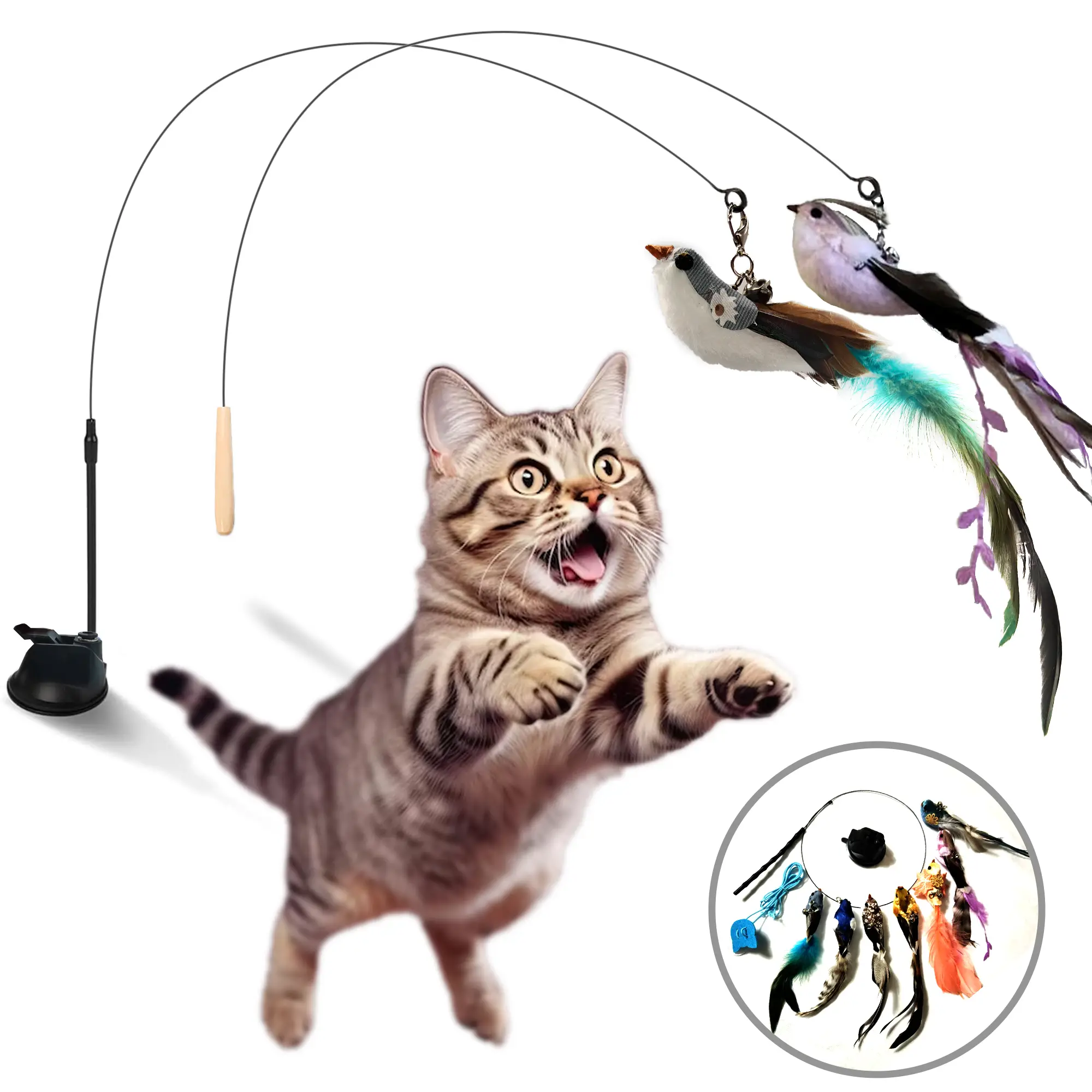 Cat Toy Wand Auto Interactive Toys for Indoor Cat 10 in 1 Hands-Free Natural Bird Feather Ball Toys, Suction Cup Pet Dancing Playing Toy