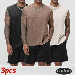 3-Pack Men’s Cotton Sleeveless Muscle Tank Tops: Vintage Acid Wash, Cutoff, Loose Fit Workout T-Shirts; Running Shirts for Men and Women; Cotton Workout Tanks; Sleeveless Acid Wash T-Shirts; Cutoff Muscle Shirts; Spring Statements