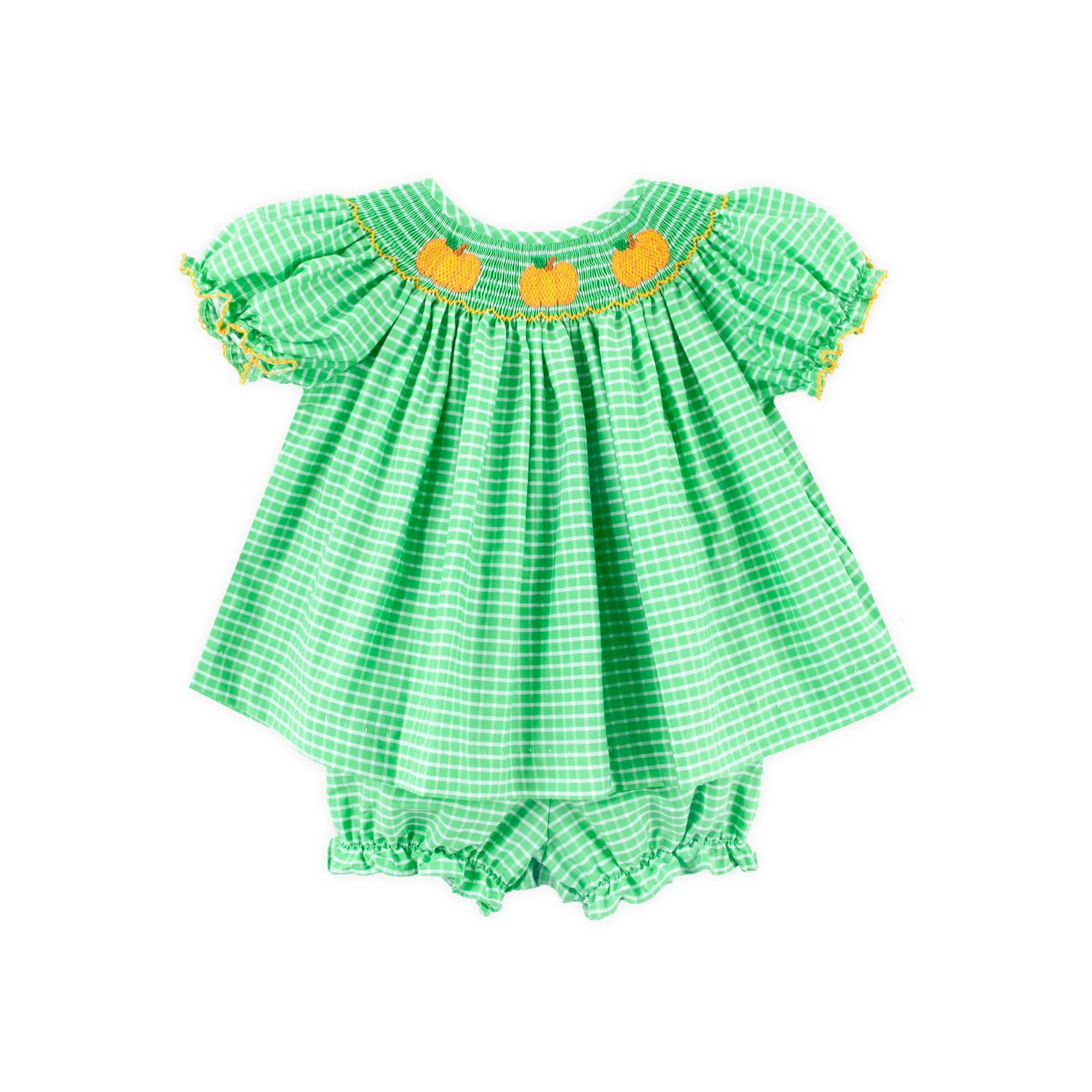 Paradise Pumpkin Smocked Green Windowpane Bloomer Set